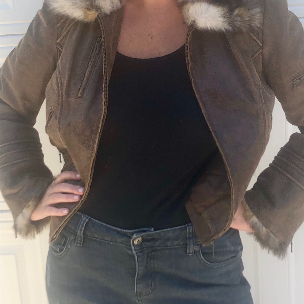 Distressed Leather Bomber Jacket w/ Fur Trim